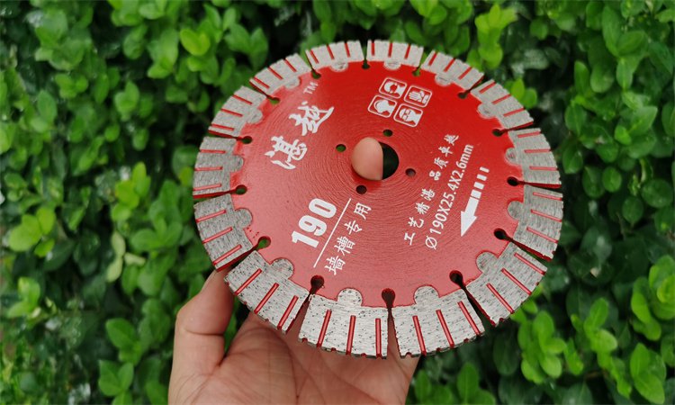 Hand holding a red diamond blade marked 190