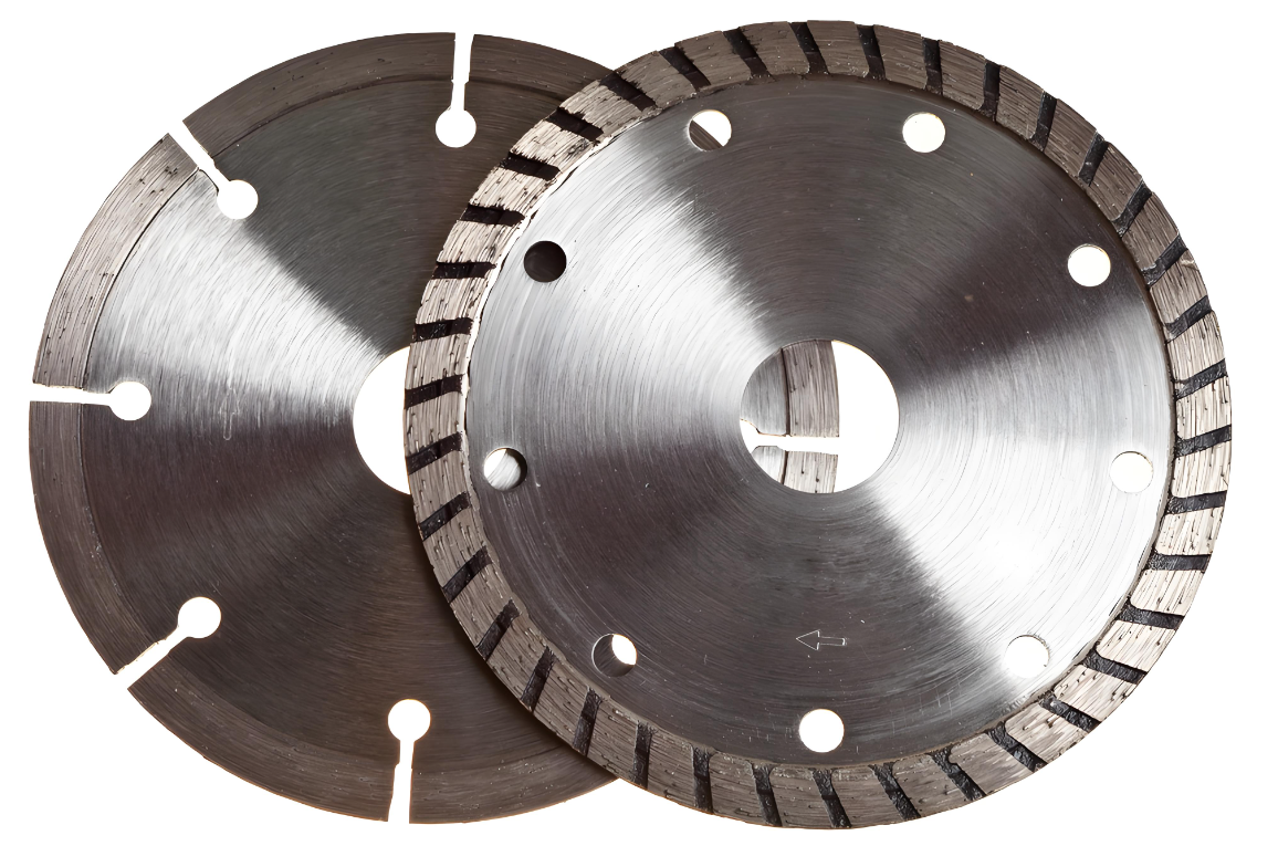 Two silver diamond blades with different rim patterns