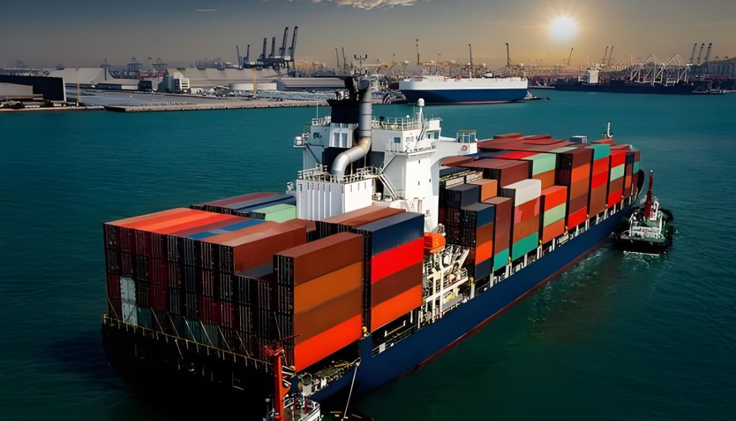 Container ship carrying stacked freight containers